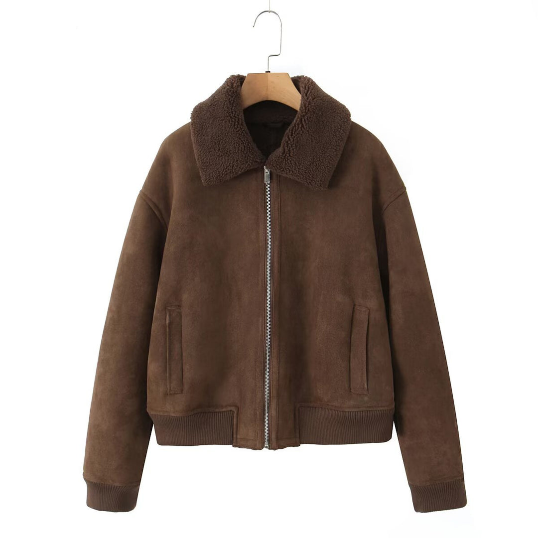 Damen Kurz geschnittene Teddy-gefütterte Wildlederoptik-Fliegerjacke mit Reißverschluss Shop Nory