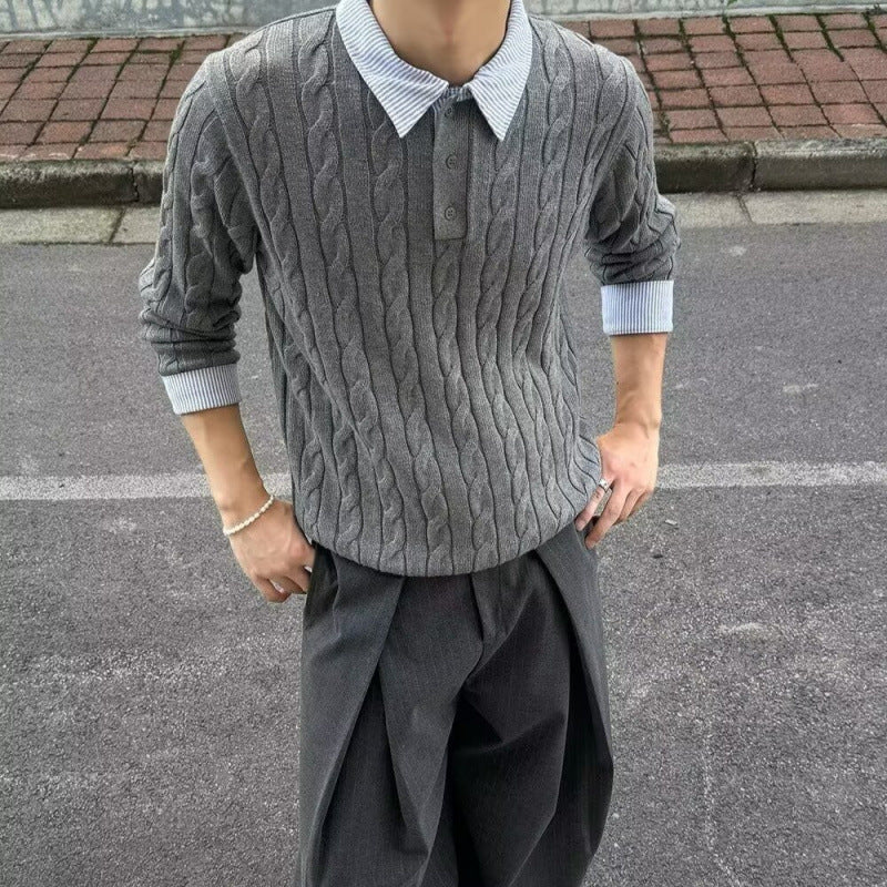 Herren Kabelstrickpullover mit Hemdkragen-Layering-Effekt Shop Nory