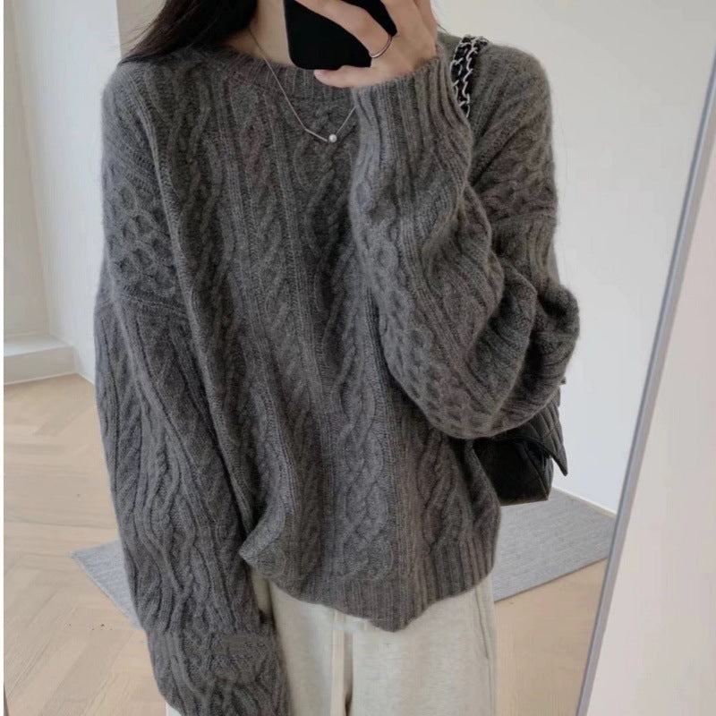 Damen Oversize Zopfmuster‑Pullover mit Rundhalsausschnitt und lässiger Schulterpartie Shop Nory