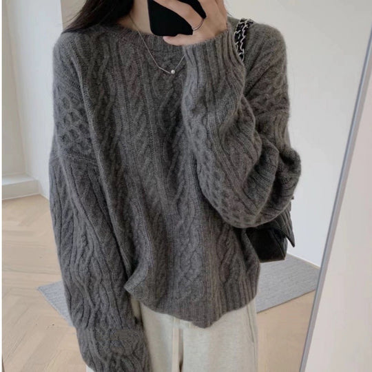 Damen Oversize Zopfmuster‑Pullover mit Rundhalsausschnitt und lässiger Schulterpartie Shop Nory