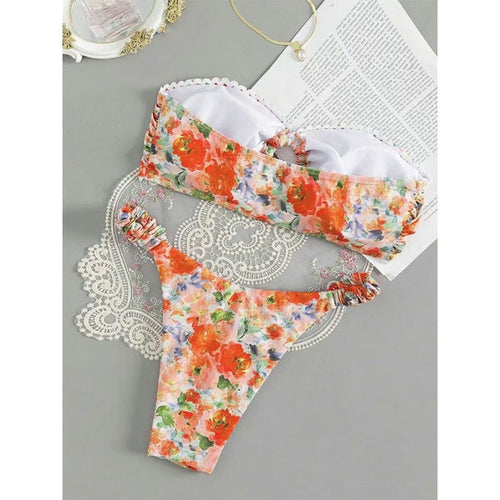 Damen Bandeau-Bikini mit romantischem Rüschendesign und verführerischem Blumenmuster