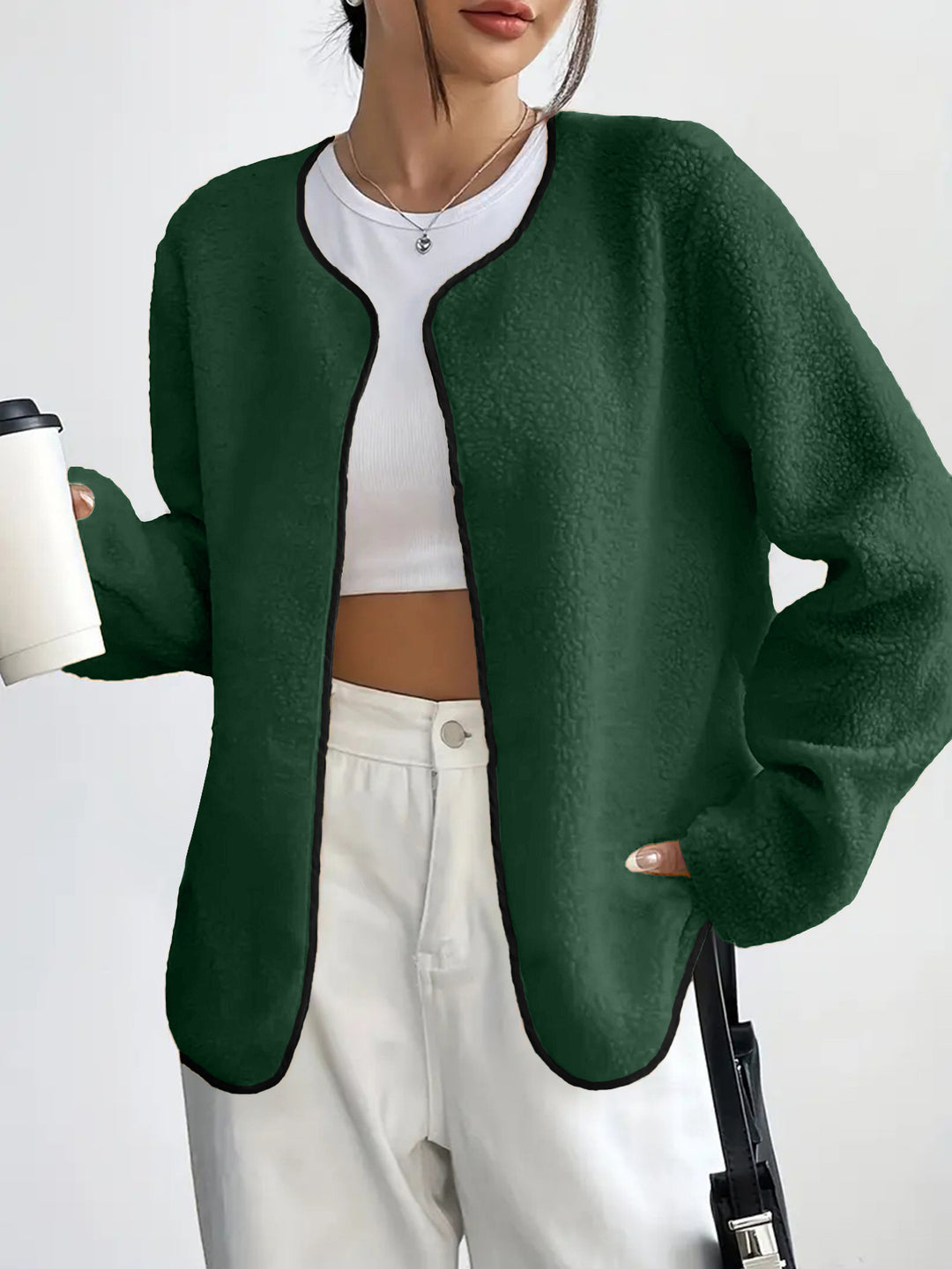 Damen Kurzjacke Teddy-Fleece Cardigan ohne Verschluss mit Rundhals Shop Nory