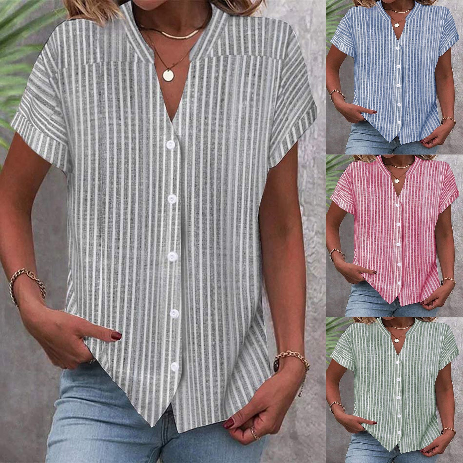 Damen Kurzarm-Bluse mit V-Ausschnitt und Streifenmuster