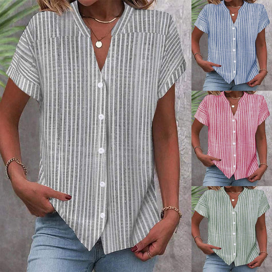 Damen Kurzarm-Bluse mit V-Ausschnitt und Streifenmuster