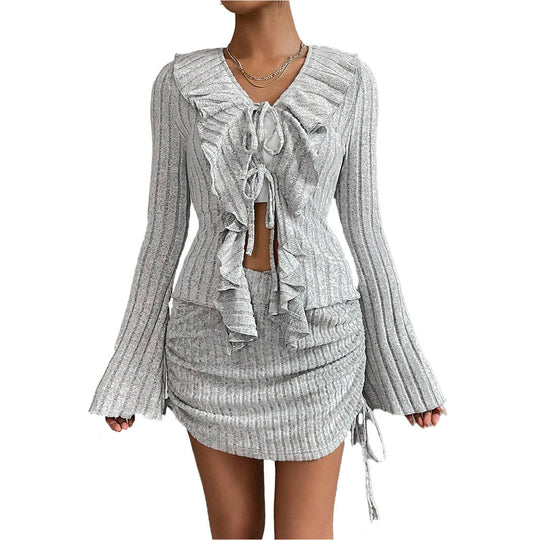 Damen gerippter Rüschencardigan mit Bindebändern und gerafftem Minirock-Set Shop Nory