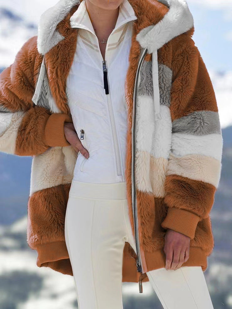 Damen nan oversized Kunstfelljacke mit Kapuze, Blockstreifen-Optik und zweifachem Reißverschluss Shop Nory