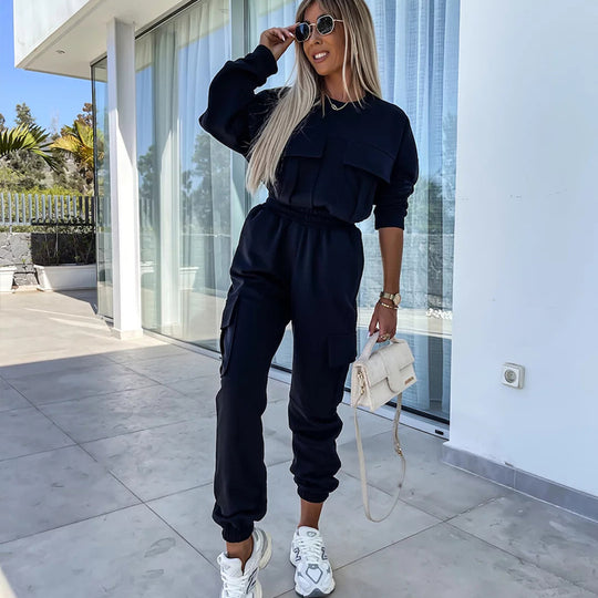 Damen Cargo-Loungewear-Set aus weicher Baumwollmischung mit hoher Taille und aufgesetzten Cargo-Taschen Shop Nory