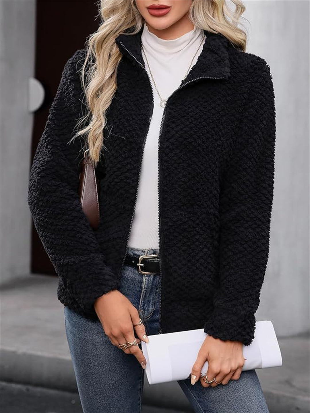 Damen Teddy-Fleece Jacke mit Reißverschluss und Stehkragen Shop Nory
