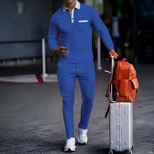 Herren nan Polo-Loungewear-Set mit Kentkragen, Brusttasche und konisch zulaufender Jogginghose Shop Nory