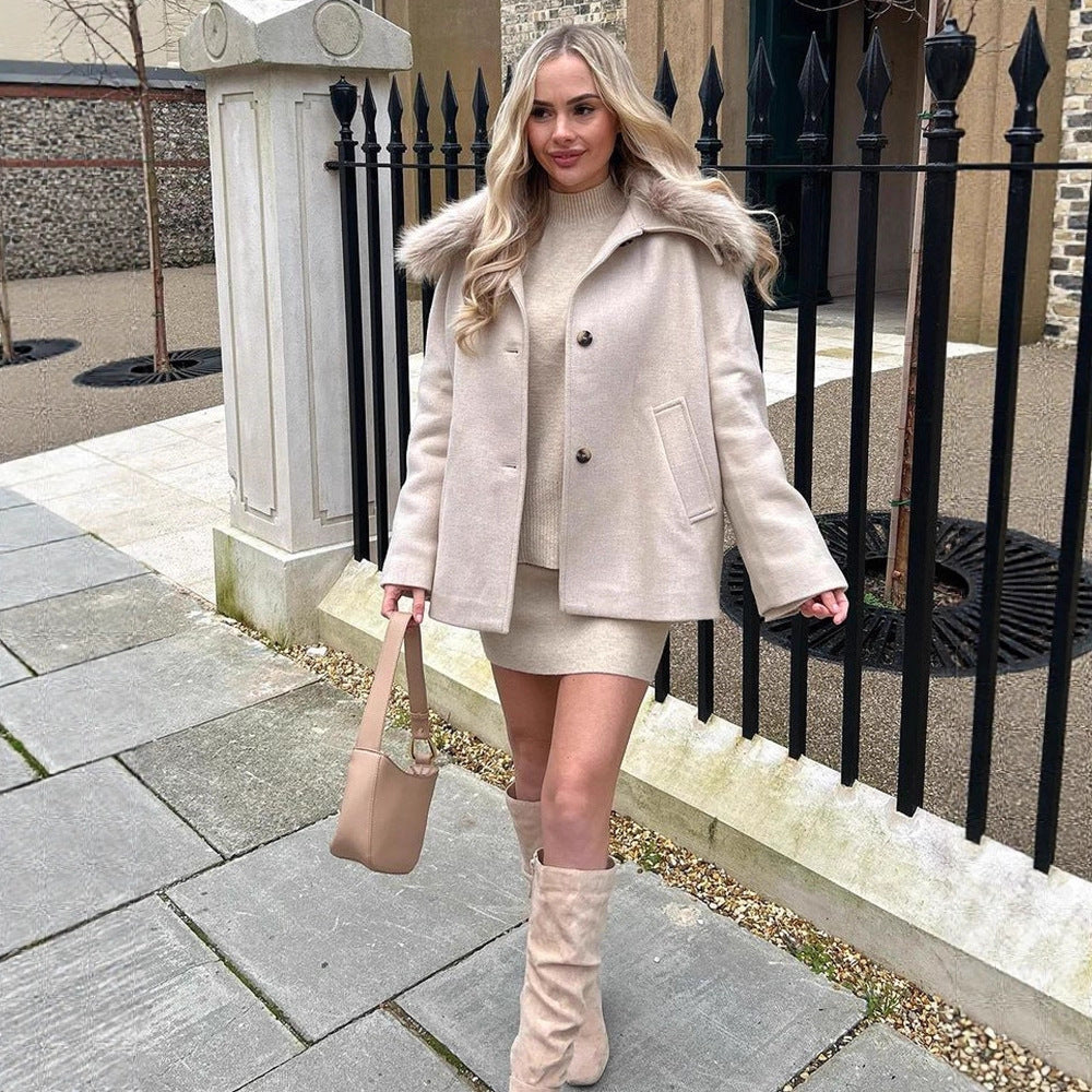 Damen Kurzmantel mit Webpelz-Schalkragen & kastiger Oversize-Silhouette Shop Nory
