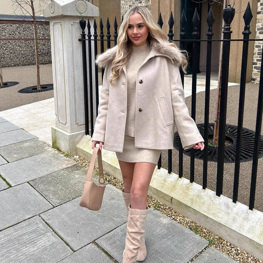 Damen Kurzmantel mit Webpelz-Schalkragen & kastiger Oversize-Silhouette Shop Nory