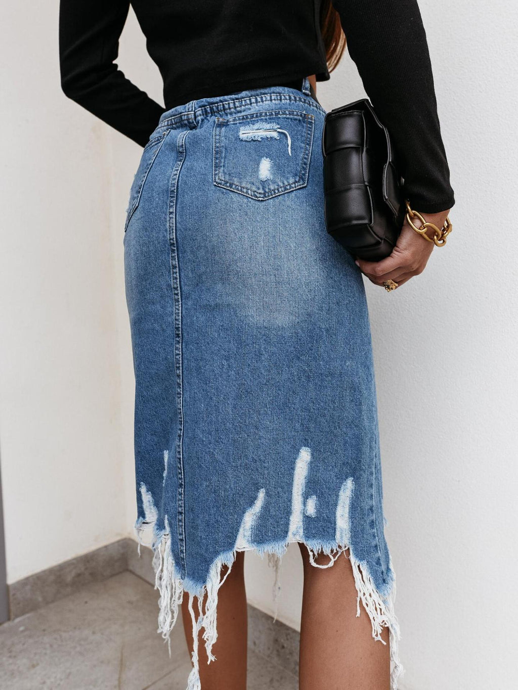 Damen Jeansrock mit ausgefransten Säumen und dekorativen Rissen