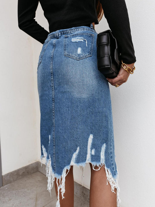 Damen Jeansrock mit ausgefransten Säumen und dekorativen Rissen