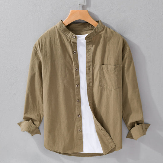 Herren Hemdjacke im Mandarinstil aus Baumwoll-Twill, Relaxed-Fit, mit aufgesetzter Brusttasche und Holzknöpfen Shop Nory
