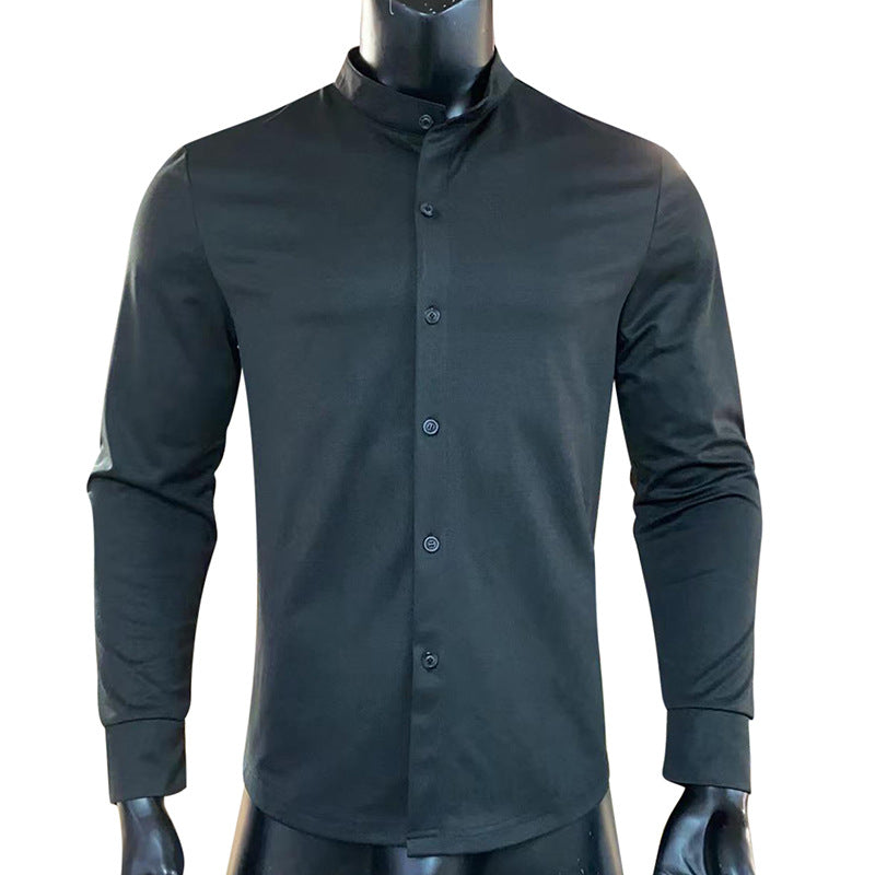 Herren Slim-Fit Langarmhemd mit Stehkragen und elastischem Jersey Shop Nory