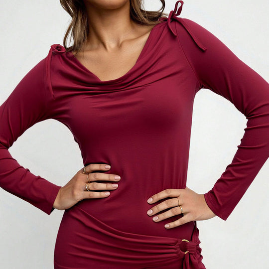 Damen figurbetontes Stretch-Minikleid mit Wasserfallkragen, langen Ärmeln und seitlicher Knotendrapierung Shop Nory