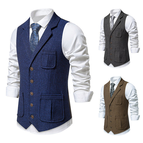 Herren Tweed-Weste mit Fischgrätmuster, Reverskragen und Pattentaschen Shop Nory