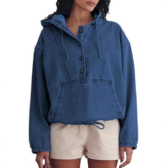 Damen Jeans-Halbanorak mit Kapuze, Kängurutasche und Tunnelzug Shop Nory