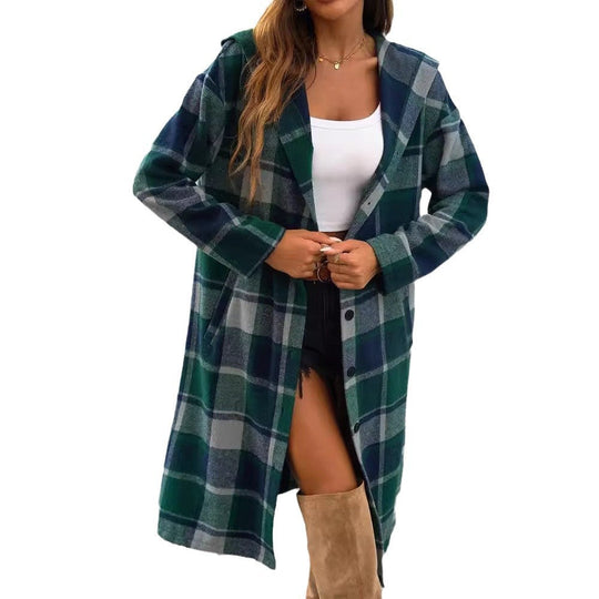 Damen Karomuster Longjacke mit Kapuze