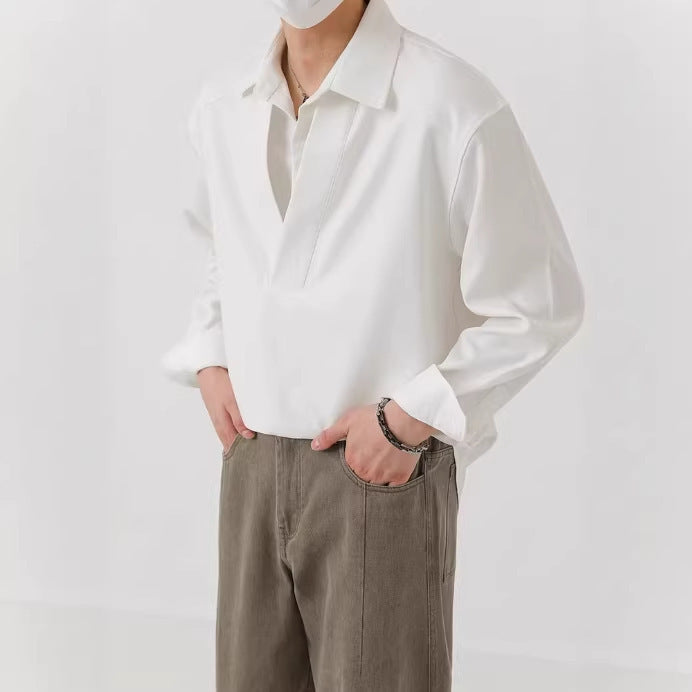 Herren Hemd-Pullover im Oversize-Schnitt mit tiefem V-Ausschnitt und klassischem Kragen Shop Nory