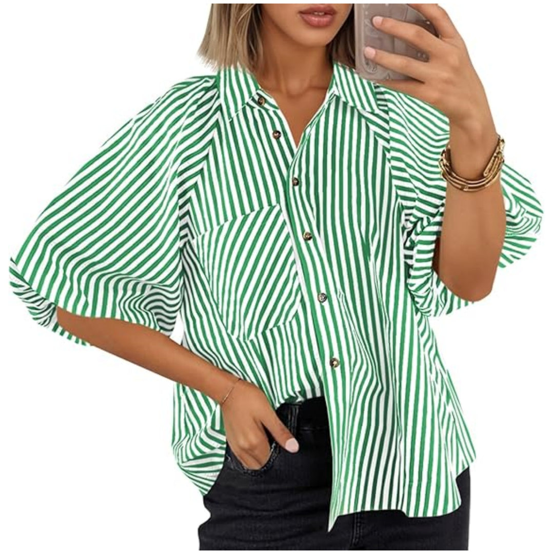 Damen Oversize Hemdbluse mit Ballonärmeln und vertikalem Streifenmuster Shop Nory