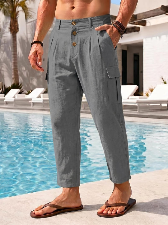 Herren lässige Leinen-Cargo-Chino mit Knopfleiste, Bundfalten und gekürzter Knöchellänge Shop Nory