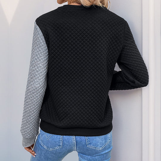 Damen Stepp-Sweatshirt mit asymmetrischem Revers, Zierdruckknöpfen und Colorblock-Ärmeln Shop Nory