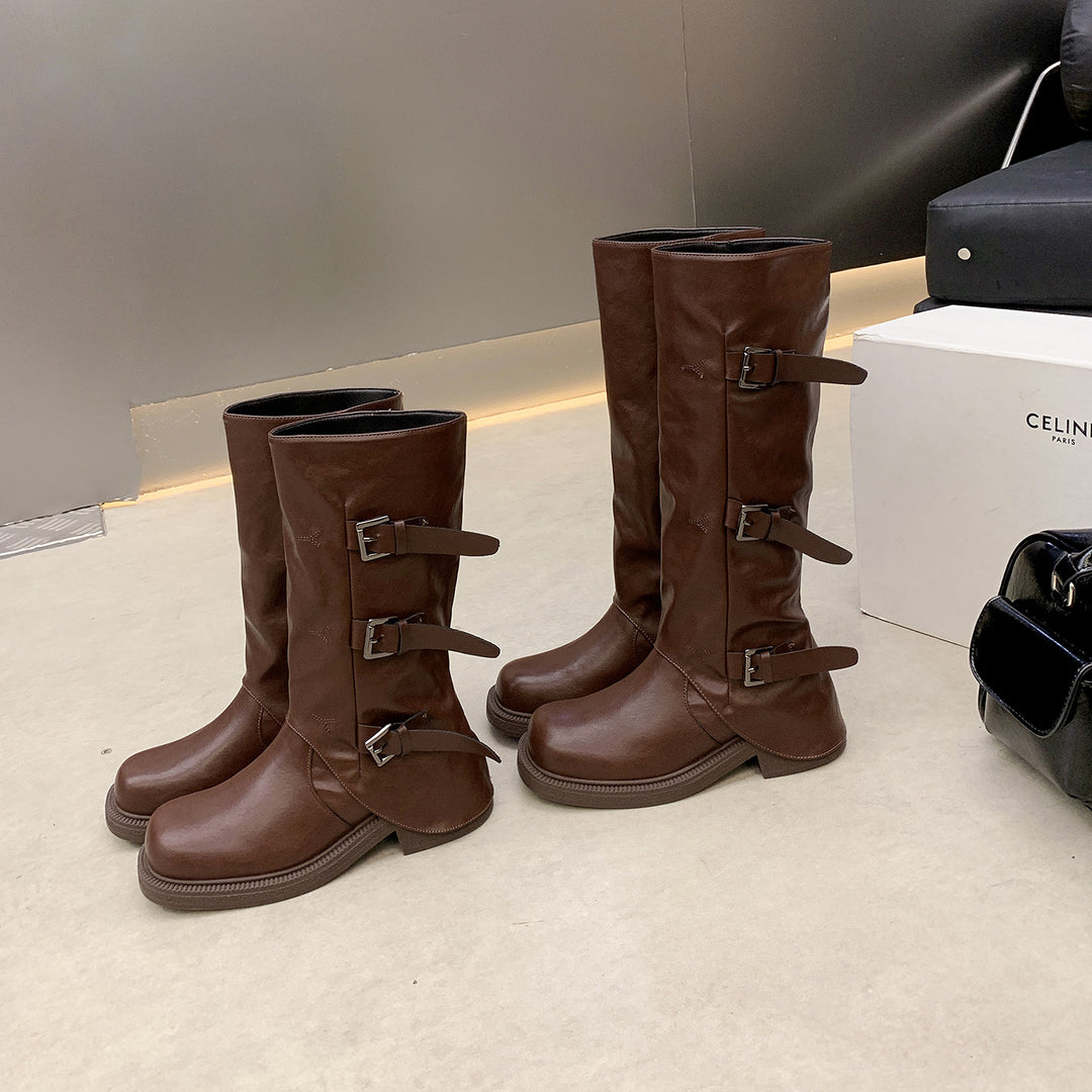 Damen Wadenhohe Stiefel mit dreifacher Gürtelschnalle und profilierter Plateausohle Shop Nory