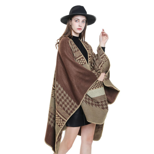Damen Wohliger Oversize-Umhangponcho aus Wollmix mit Hahnentritt- und Grafikjacquard Shop Nory