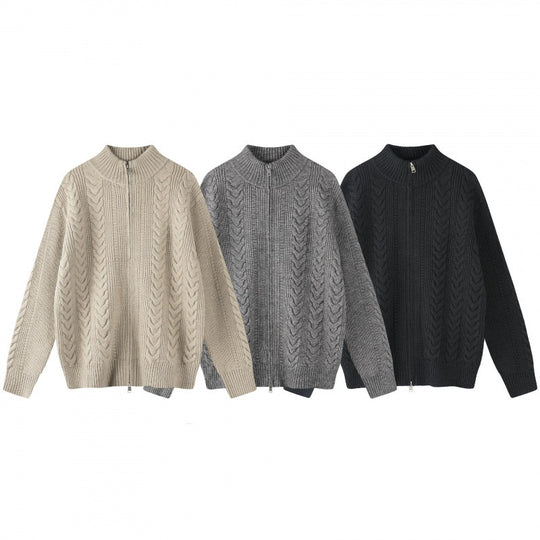 Damen Grobgestrickter Zopfstrick-Cardigan mit durchgehendem Reißverschluss und Stehkragen Shop Nory