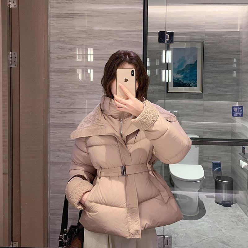 Damen nan kurz gesteppte Taillen-Pufferjacke mit kuscheligem Teddykragen und verstellbarem Schnallenriemen Shop Nory