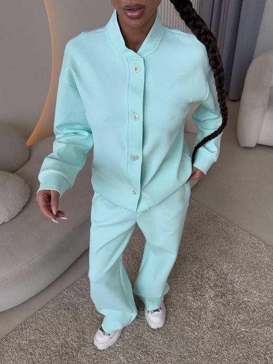 Damen Zweiteiliges Loungewear-Set mit Stehkragen, dekorativen Schmuckknöpfen und weitem Palazzo-Hosenbein Shop Nory