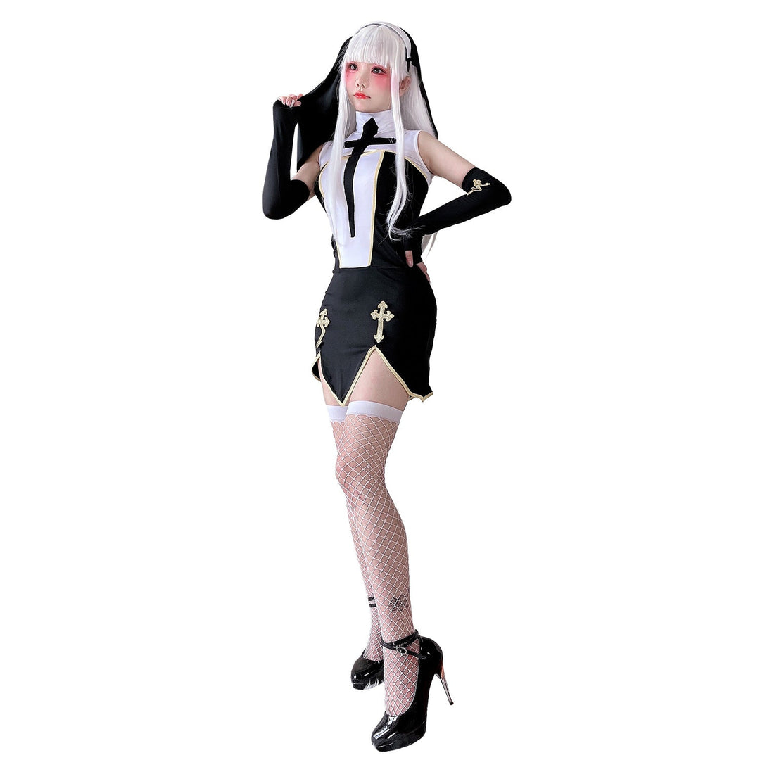 Damen Gothic Minikleid mit Spitzenärmeln und Kreuzdetails Shop Nory