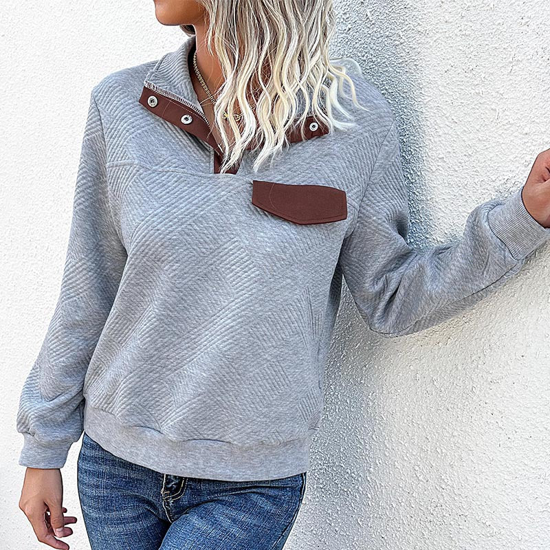 Damen Strukturierter Sweatpullover mit Stehkragen, Druckknopfleiste und Brustklappe Shop Nory