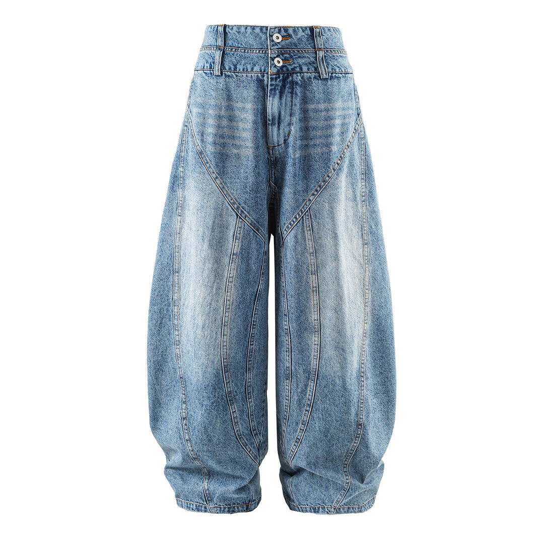 Damen hochtaillierte Ballon-Jeans mit Ziernähten und elastischem Saum Shop Nory