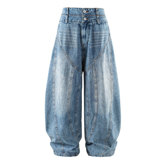 Damen hochtaillierte Ballon-Jeans mit Ziernähten und elastischem Saum Shop Nory