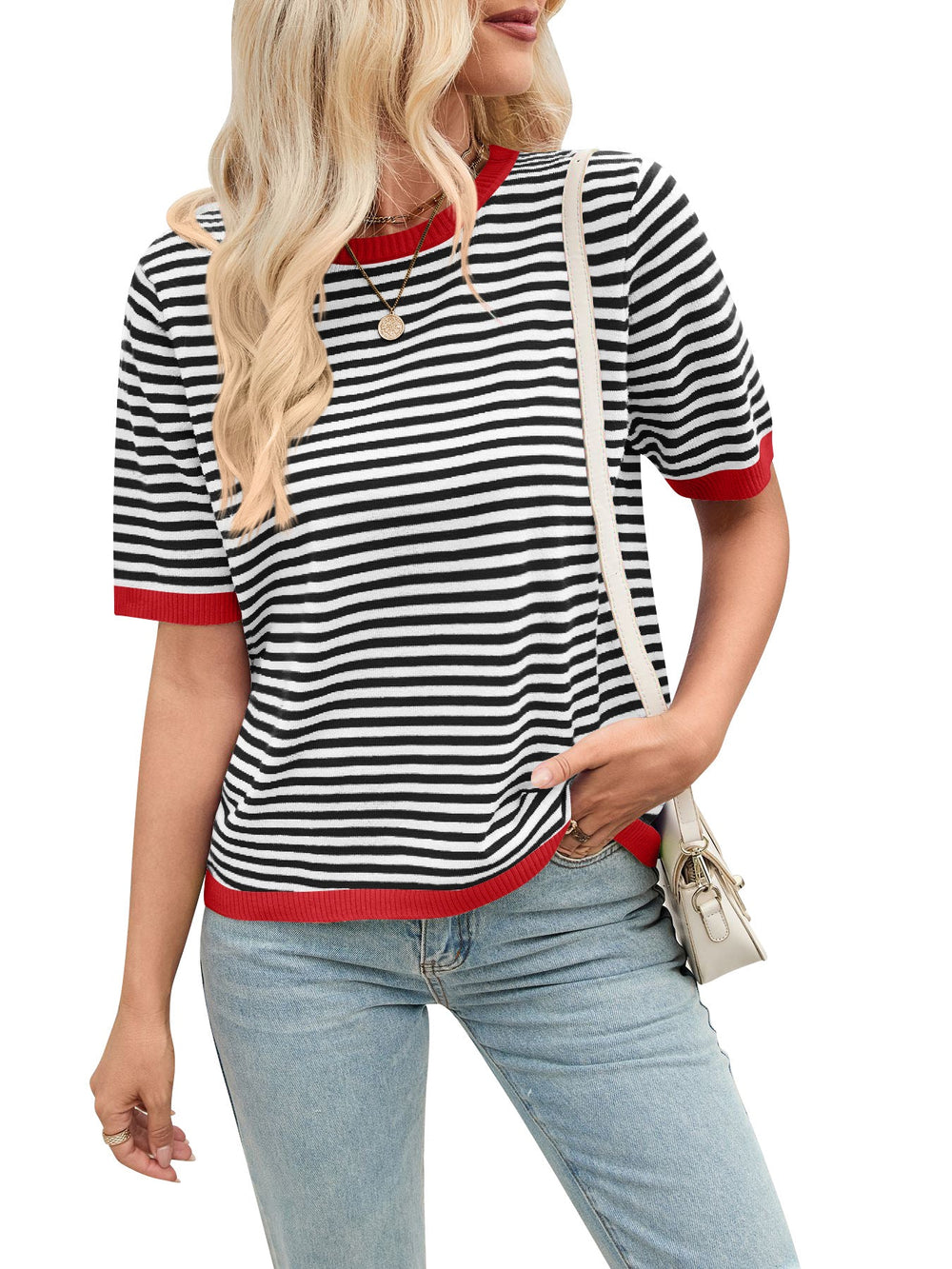 Damen bequeme gestreifte Freizeitbluse mit Kontrastkragen Shopnory