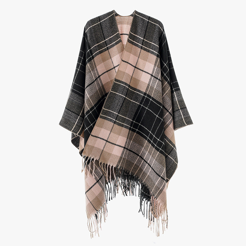 Damen Oversize-Kimono-Capeponcho im Karomuster mit Fransensaum Shop Nory