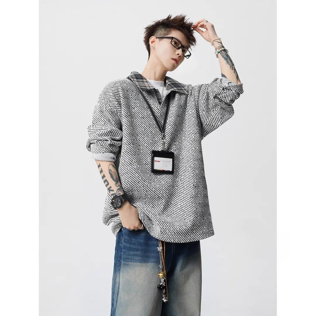 Herren Oversize Strukturiertes Sweatshirt mit Polokragen und diagonaler Strickstruktur Shop Nory