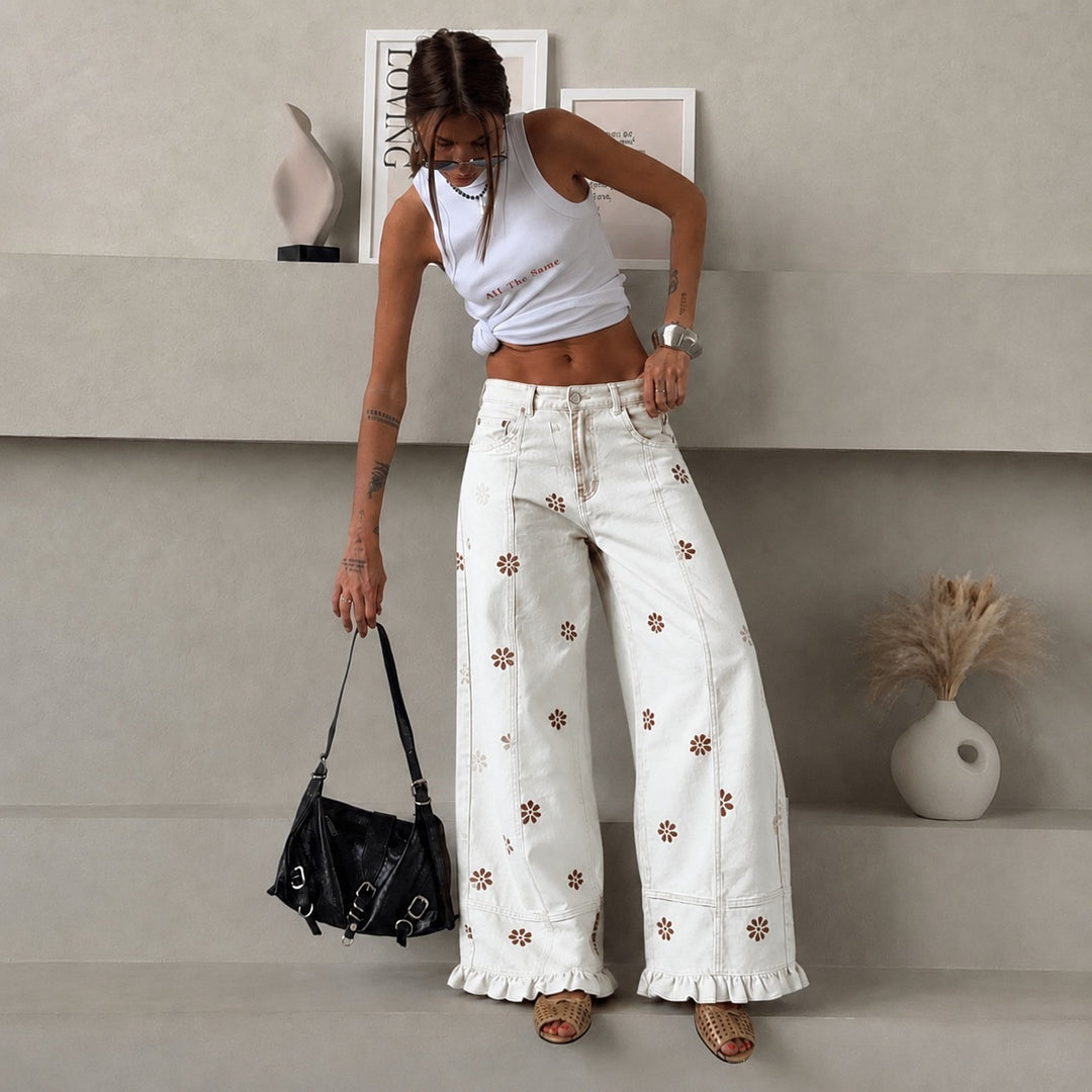 Damen weite Denimhose mit Gänseblümchen-Print, hohem Bund und Rüschenabschluss Shop Nory