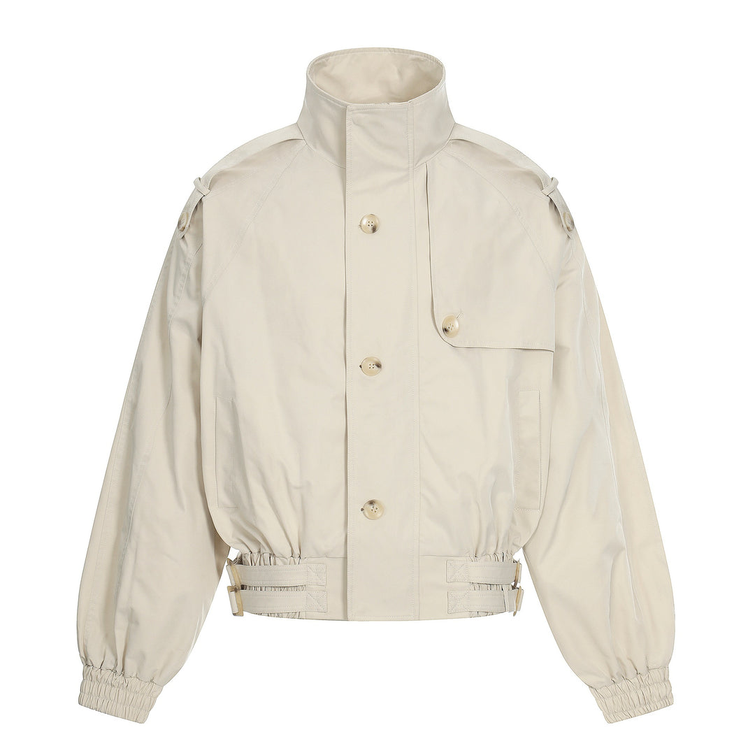 Damen Kurz geschnittene Boxy-Trenchjacke mit hohem Funnelkragen, Schulterklappen und verstellbarem Taillengurt Shop Nory