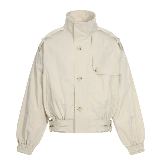 Damen Kurz geschnittene Boxy-Trenchjacke mit hohem Funnelkragen, Schulterklappen und verstellbarem Taillengurt Shop Nory