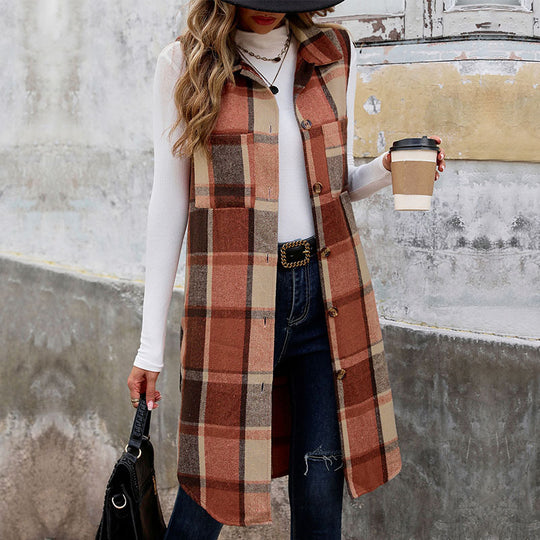 Damen Langer Karo-Weste mit Taschen Shop Nory