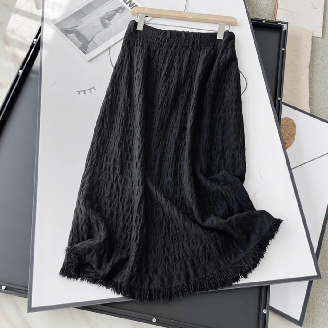 Damen Langer Strickrock mit fransigem Saum und strukturiertem Design Shop Nory