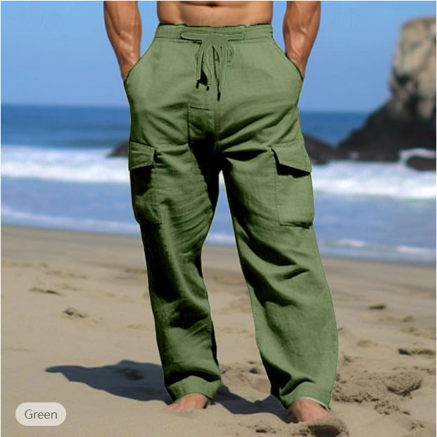 Herren weite Freizeit-Cargohose aus Leinenmix mit Tunnelzugbund, aufgesetzten Klappentaschen und entspanntem Strandfit Shop Nory