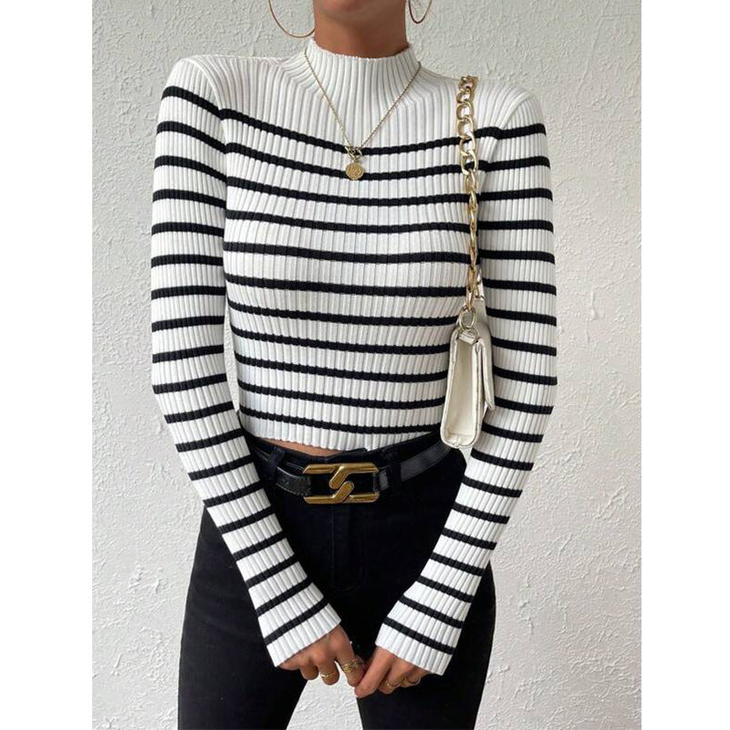 Damen Feinstrick-Pullover mit kurzem Stehkragen, Rippenstruktur und maritimen Streifen Shop Nory