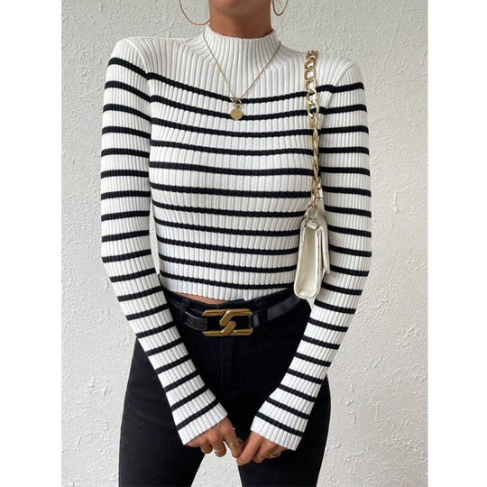 Damen Feinstrick-Pullover mit kurzem Stehkragen, Rippenstruktur und maritimen Streifen Shop Nory