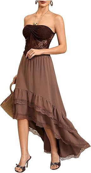 Damen Boho Maxi-Rock mit asymmetrischem Saum und Spitzenverzierungen