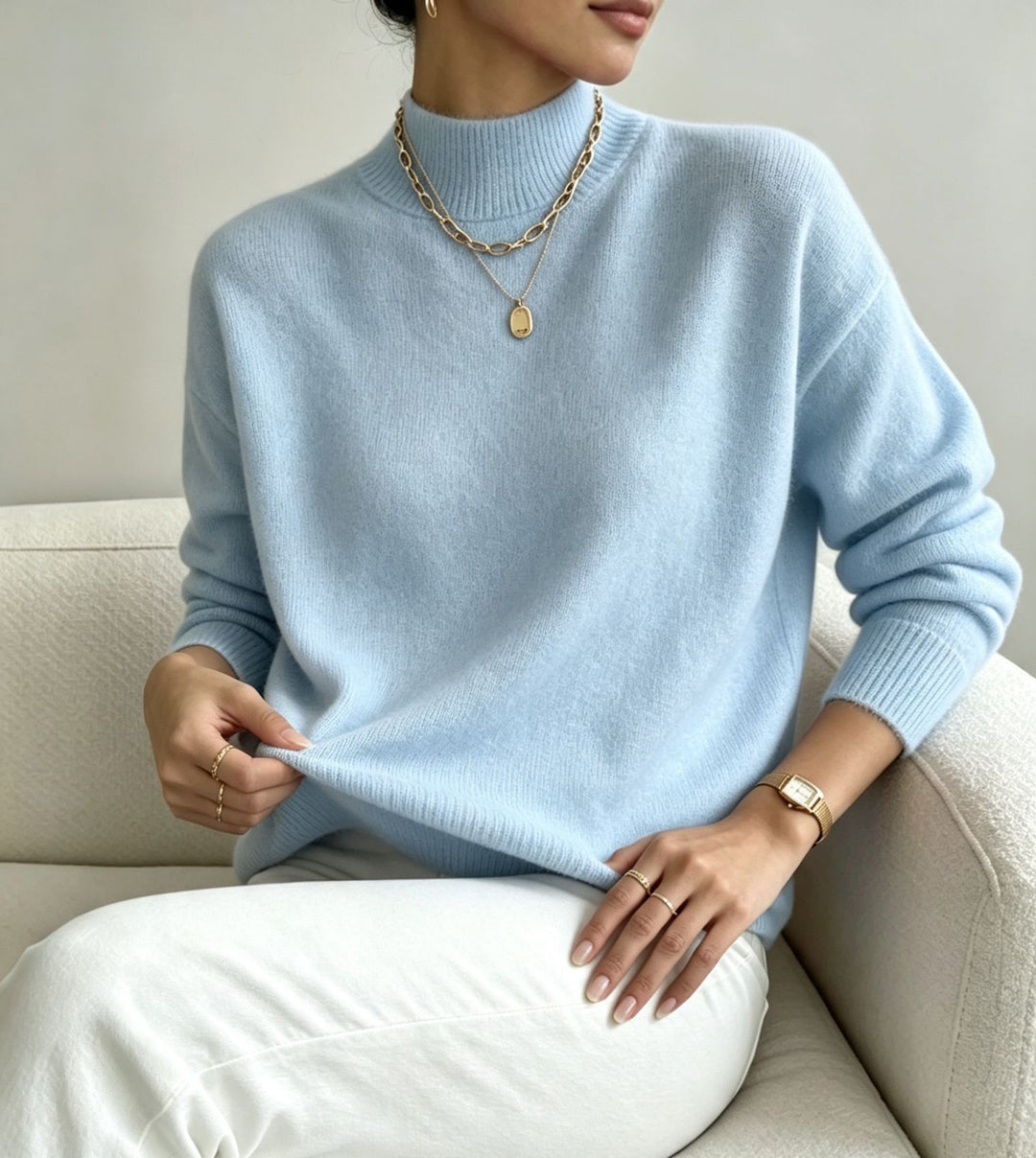 Damen kuscheliger Feinstrickpullover mit Stehkragen und überschnittener Schulter Shop Nory