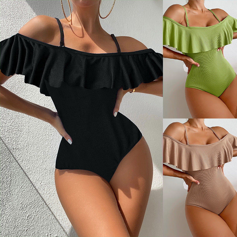 Damen Eleganter Badeanzug mit Volants und schulterfreier Ausschnitt